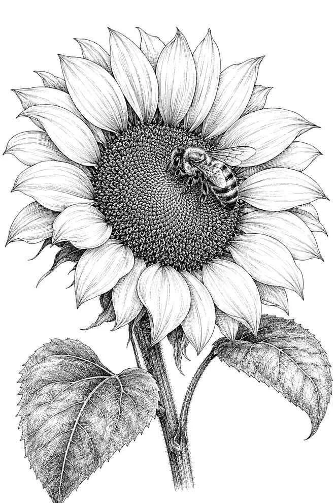 Sunflower with a bee drawing