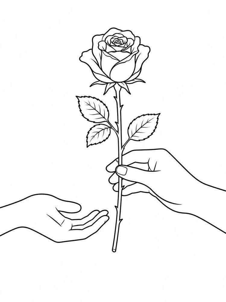 One hand offering a rose to another drawing
