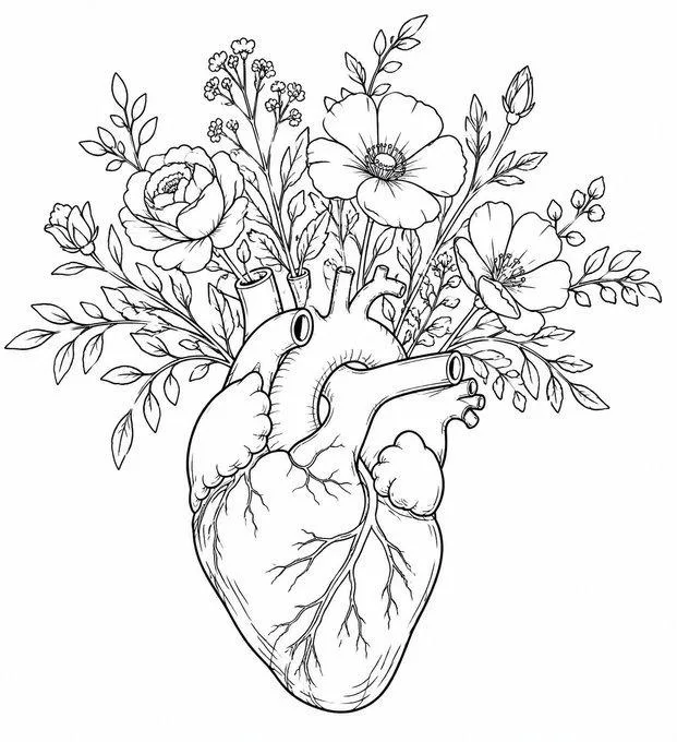 Anatomical heart with flowers drawing