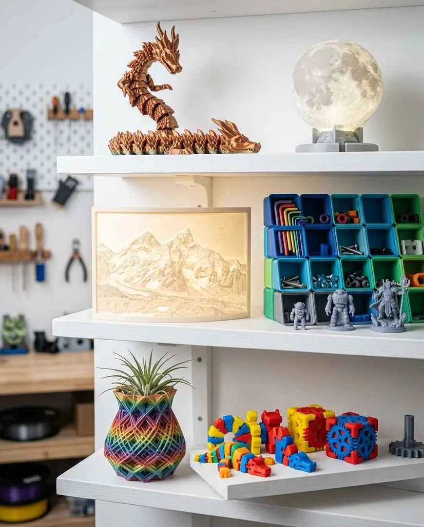Collection of 3D printed objects displayed on shelves
