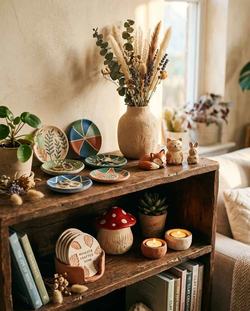 air dry clay projects displayed on a shelf