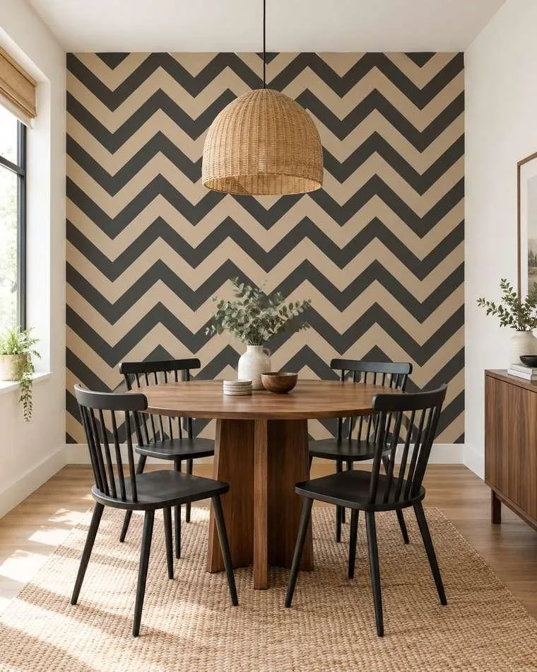Herringbone tape pattern accent wall paint idea — geometric design in a dining room