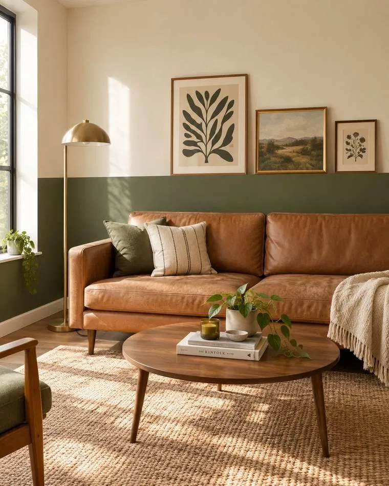 Two-tone horizontal split accent wall — olive green and cream in a living room