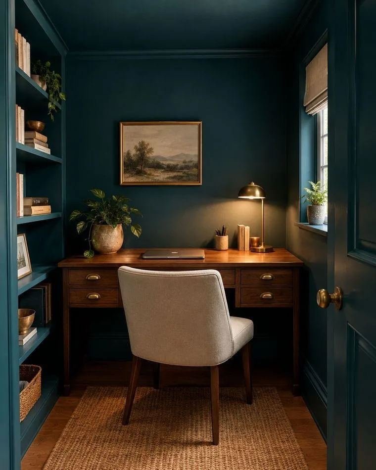 Colour drenching — deep teal accent wall paint on walls, trim and ceiling in a home office