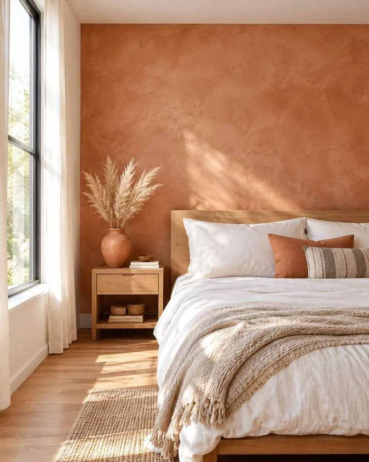 Limewash accent wall in warm clay — chalky plaster texture in a modern bedroom