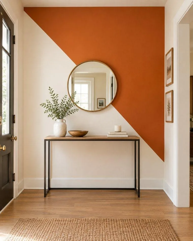 Bold diagonal colour block accent wall — burnt orange and white in an entryway