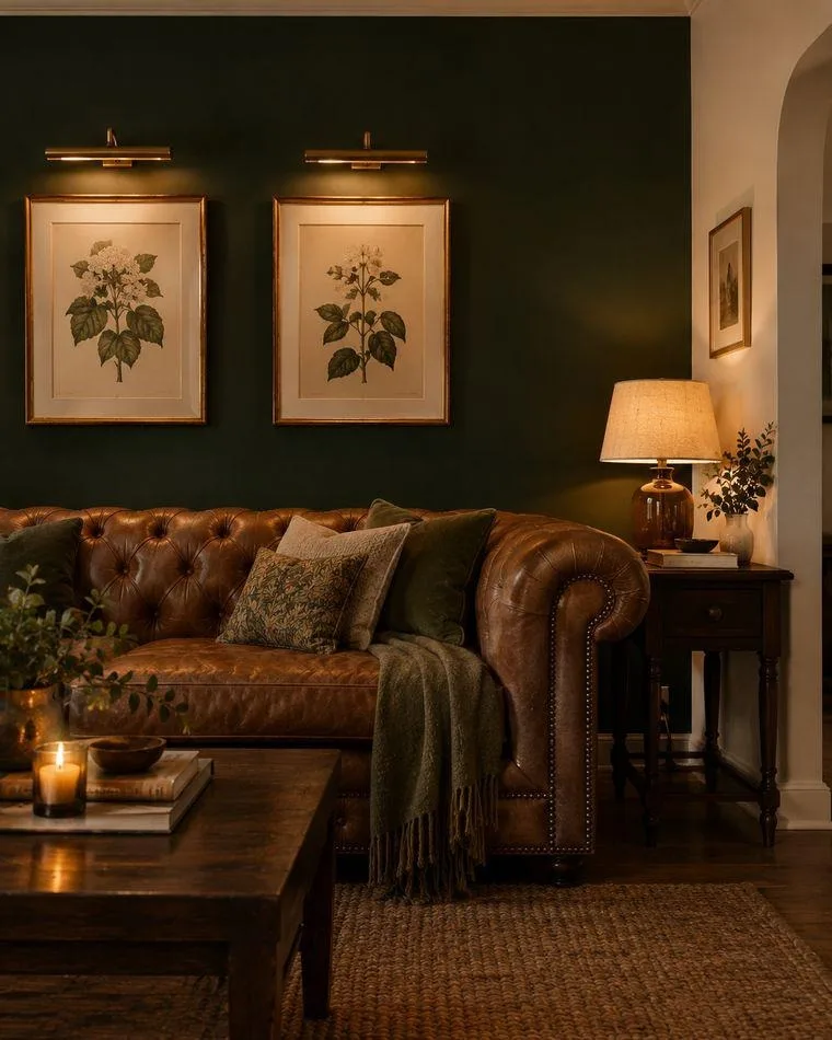 Dark moody forest green accent wall paint — living room with leather sofa and brass