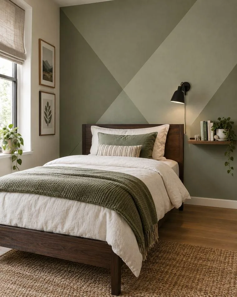 Tone-on-tone geometric triangles accent wall — sage green in a teen bedroom