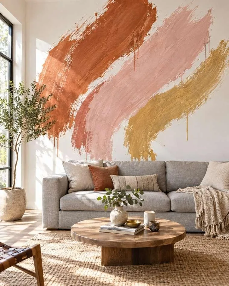 Abstract brushstroke mural accent wall — terracotta and pink on white