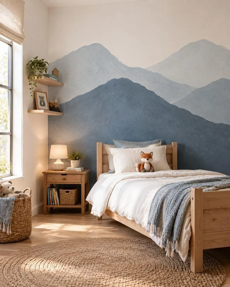 Painted mountain silhouette accent wall — layered blue peaks in a child's bedroom
