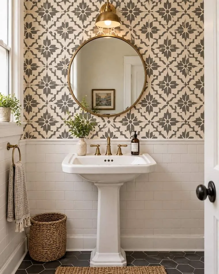 Stencilled Moroccan tile pattern accent wall — charcoal on cream in a bathroom