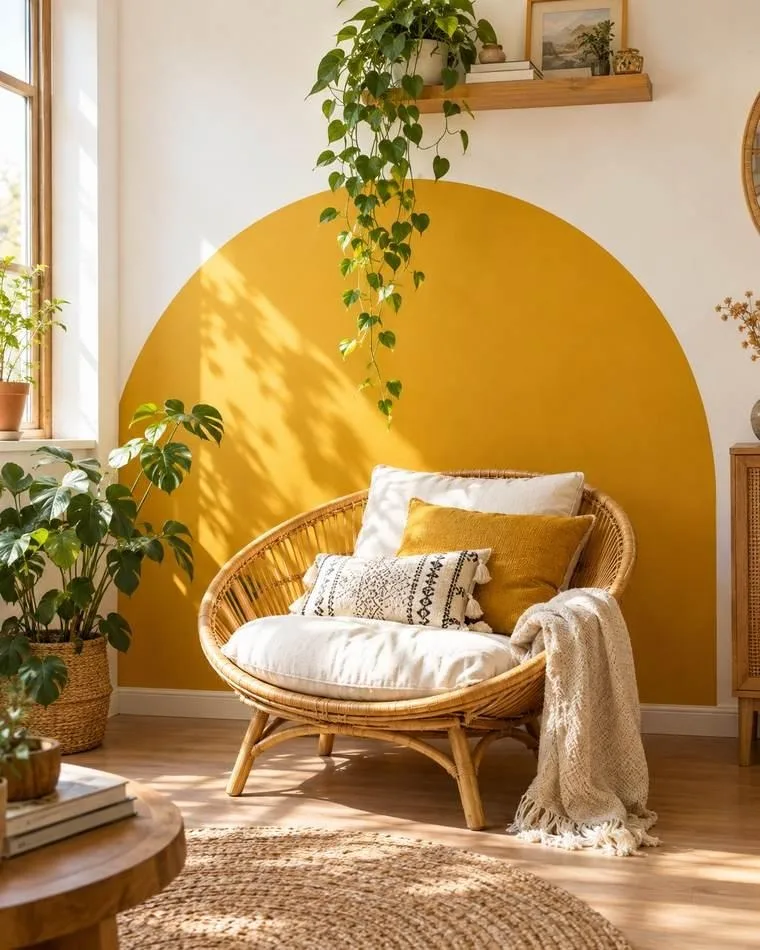 Half-circle sunrise arch accent wall — golden mustard in a boho living room