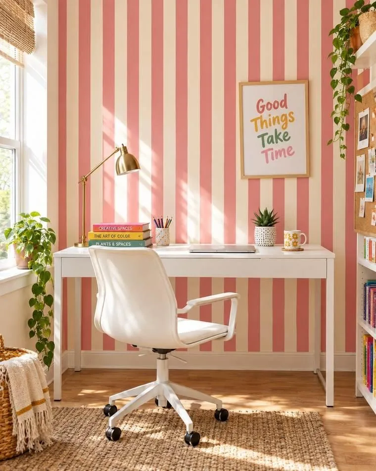 Vertical candy stripe accent wall paint — pink and cream in a home office