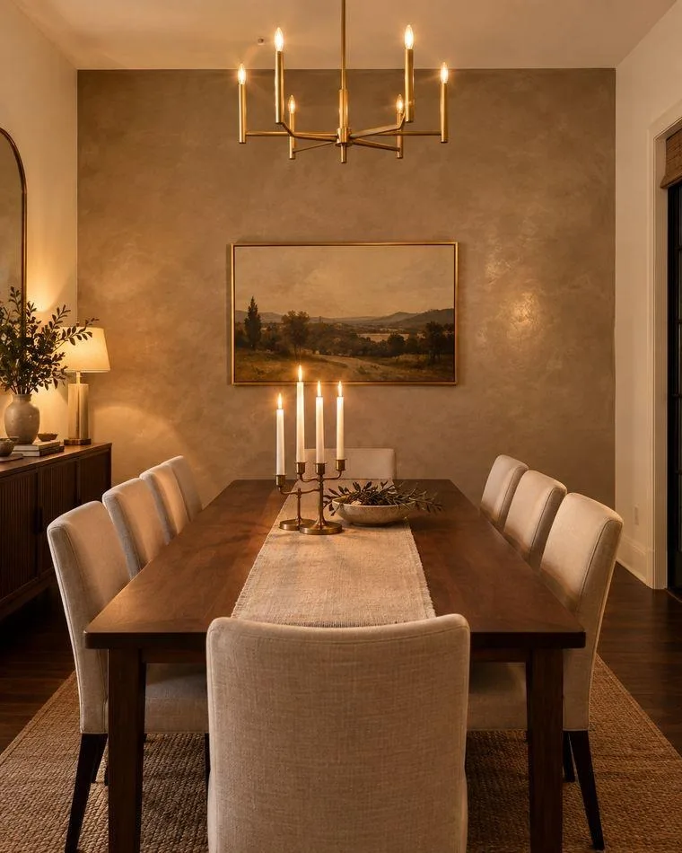 Roman clay plaster accent wall — warm mushroom finish in a dining room
