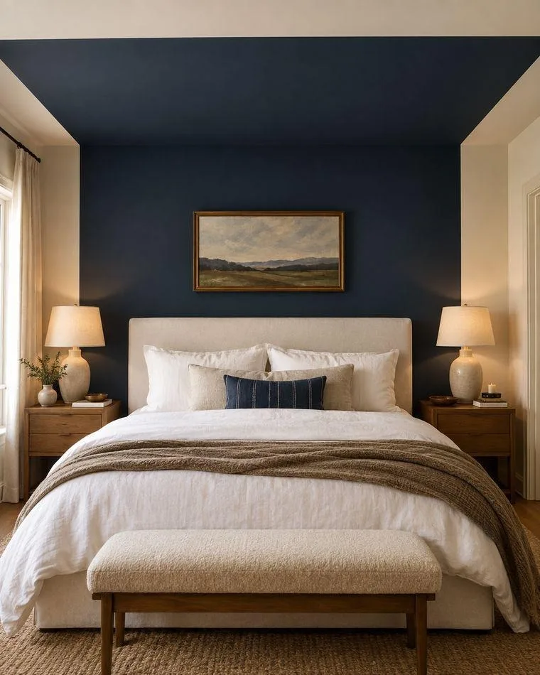 Colour capping accent wall — deep navy spilling from wall onto ceiling in a bedroom