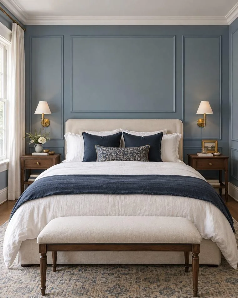 Faux wainscoting panels accent wall — dusty blue painted moulding effect in a bedroom