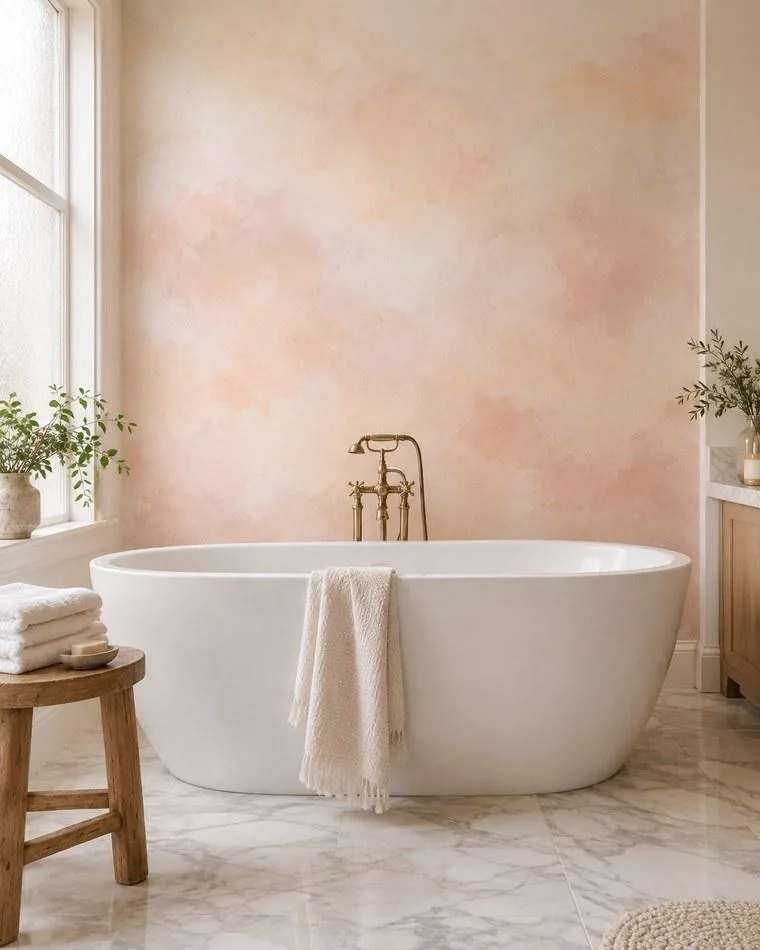 Watercolour wash accent wall paint effect — soft blush and peach in a bathroom