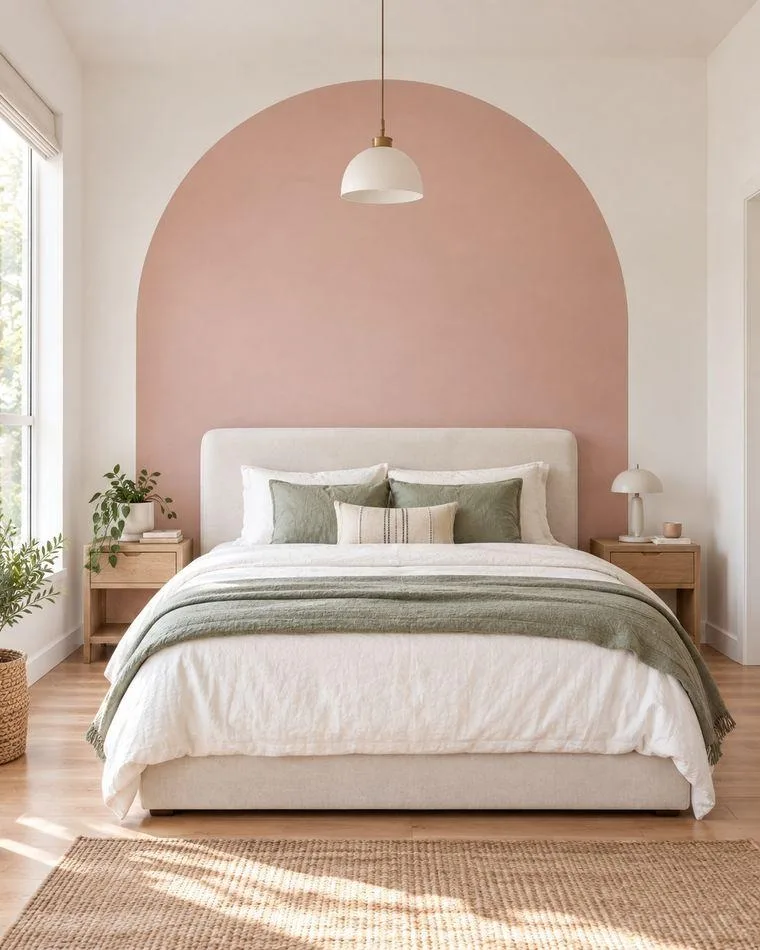 Painted dusty rose arch accent wall behind a bed — Scandinavian bedroom