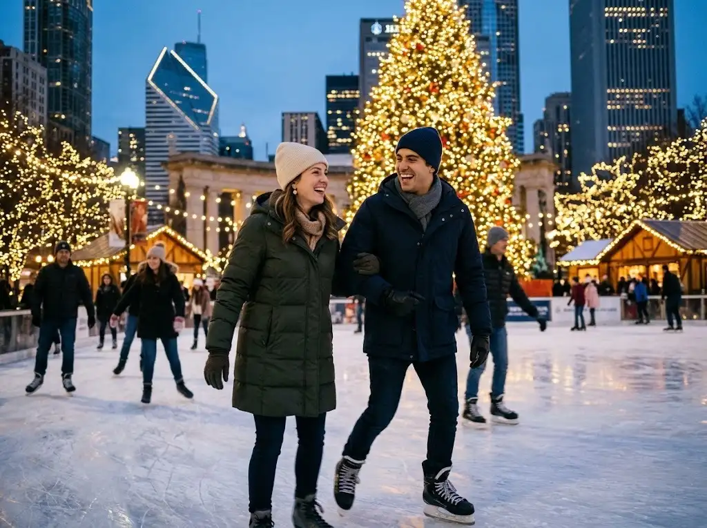 12 dates till Christmas: a young couple laughing while ice skating at an outdoor holiday rink with string lights and a big Christmas tree
