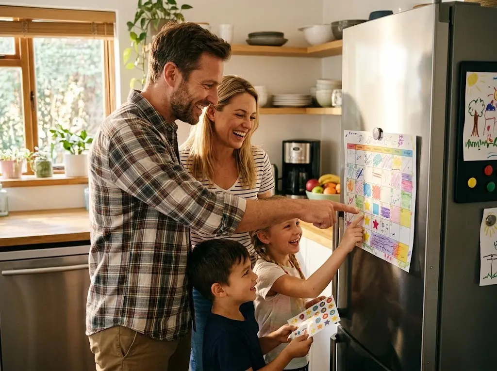 2027 calendar family planning: parents and two kids adding stickers to a paper wall calendar on the fridge to plan a summer vacation