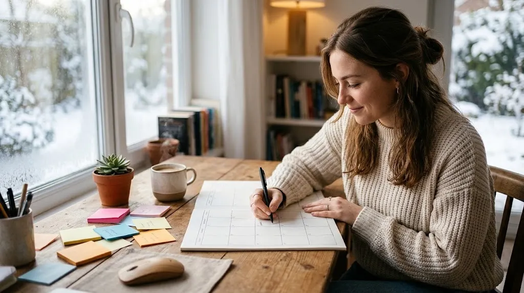 2027 calendar planning: a young woman writing plans on a large paper monthly calendar at a bright home desk with sticky notes and coffee