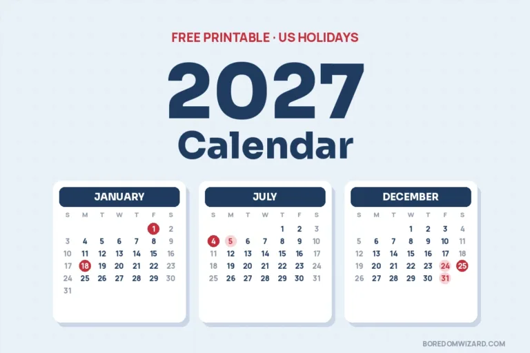 2027 calendar cover: the title 2027 Calendar centered above January, July and December 2027 month calendars with federal holidays circled in red
