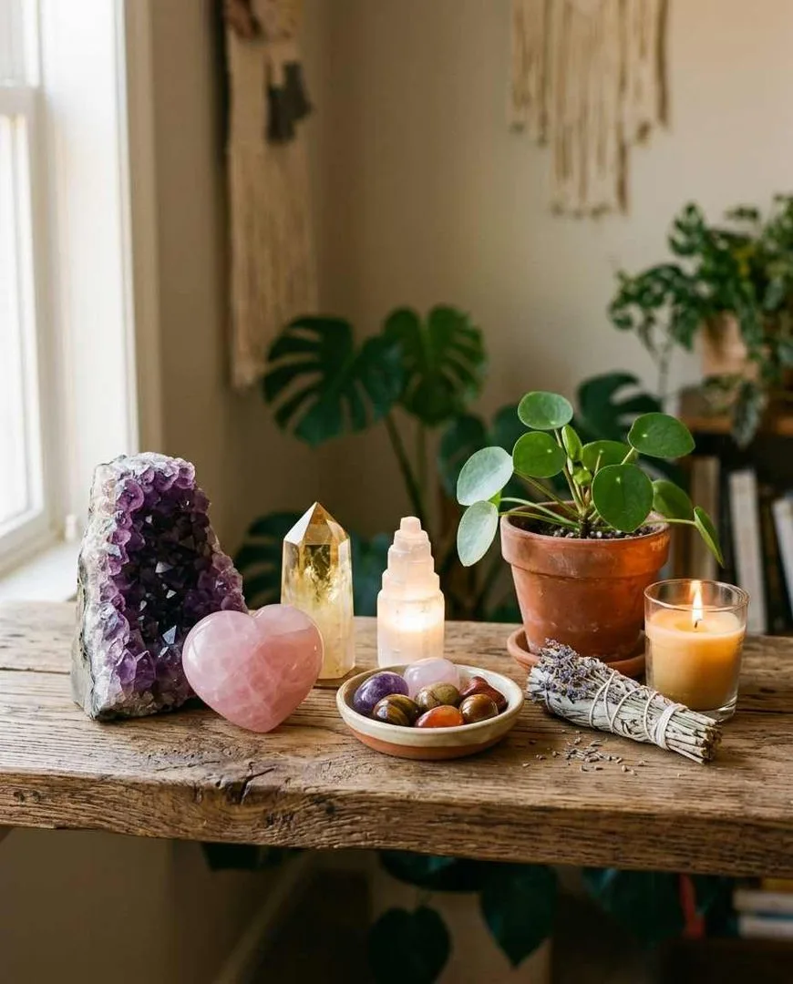 Crystal collection displayed on a shelf