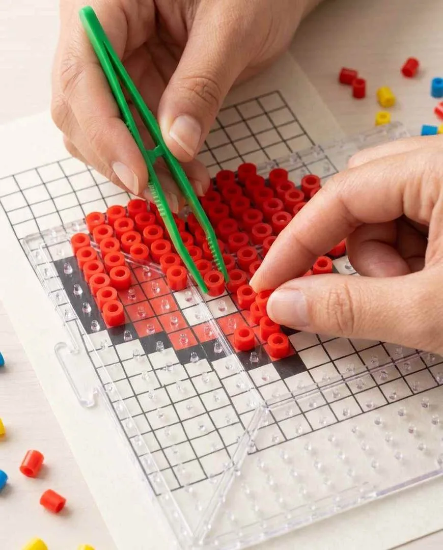 Placing perler beads on a pegboard