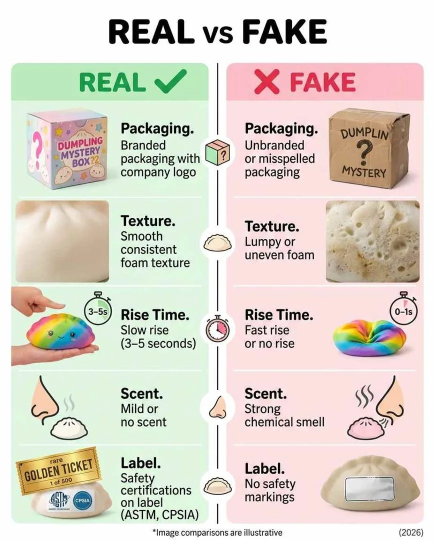 Real vs fake dumpling squishy comparison