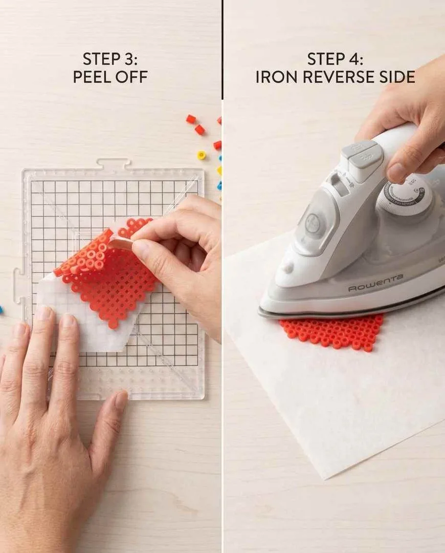Removing finished perler bead design from pegboard and ironing the back