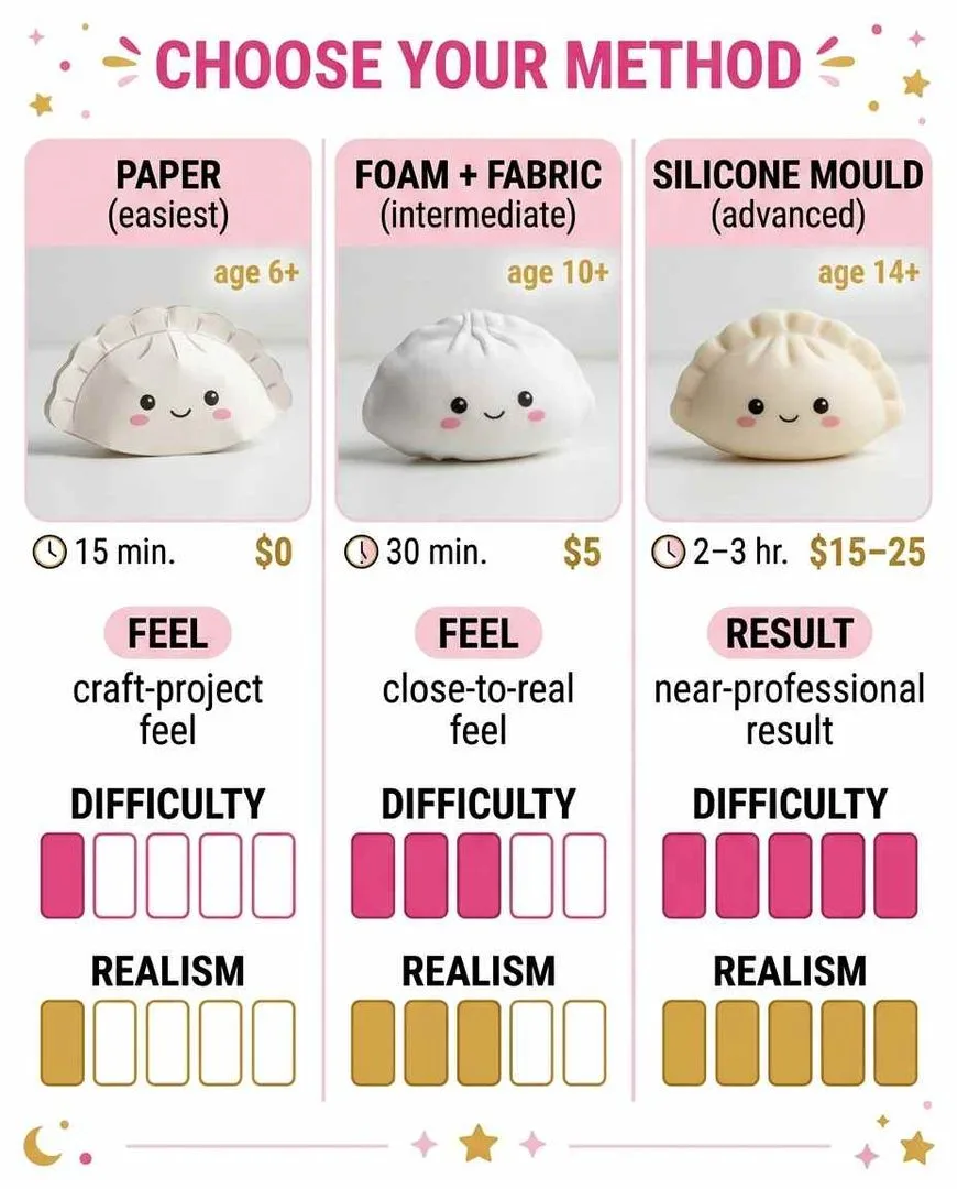 Three DIY dumpling squishy methods compared — paper, foam, and silicone mould