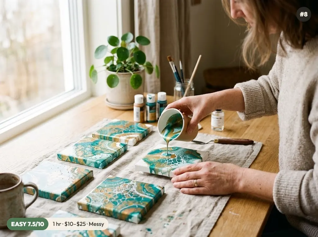 Small canvases with teal, gold and white acrylic paint pour cells drying on a covered table, a fun art craft for adults