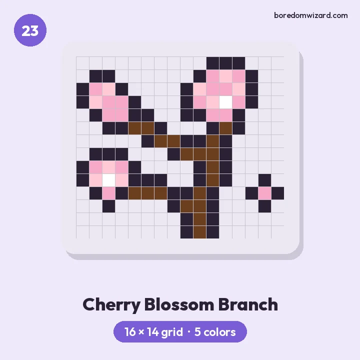 Aesthetic pixel art cherry blossom branch with pink flowers on a brown twig, 16 by 14 grid