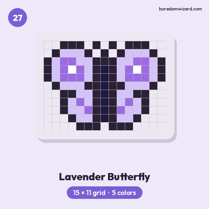 Aesthetic pixel art lavender butterfly with purple wing spots on a 15 by 11 grid