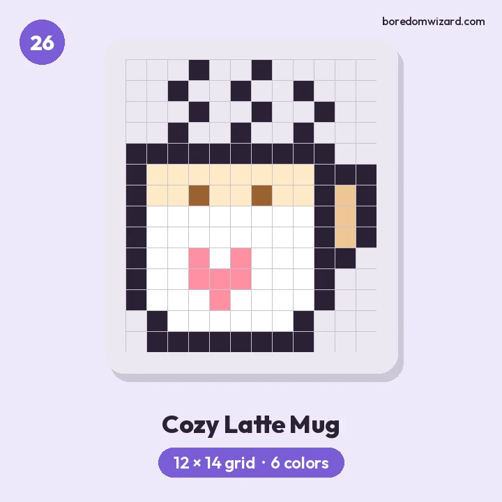 Aesthetic pixel art cozy latte mug with coffee foam, a pink heart on the side and steam on a 12 by 14 grid