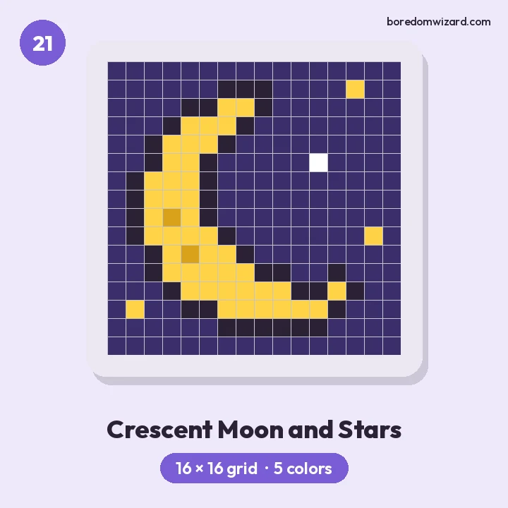 Aesthetic pixel art yellow crescent moon with tiny stars on a dark night sky, 16 by 16 grid
