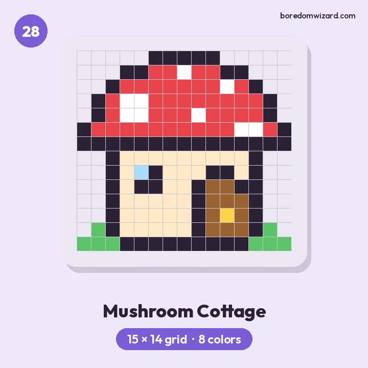 Aesthetic pixel art mushroom cottage with a red spotted cap roof, round window, brown door and grass, 15 by 14 grid