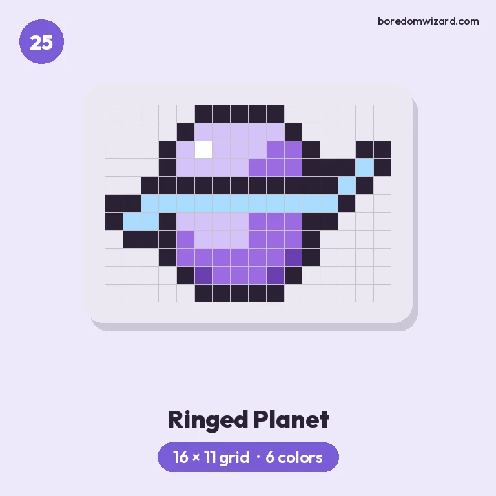 Aesthetic pixel art ringed planet in purple and lavender with a light blue ring on a 16 by 11 grid
