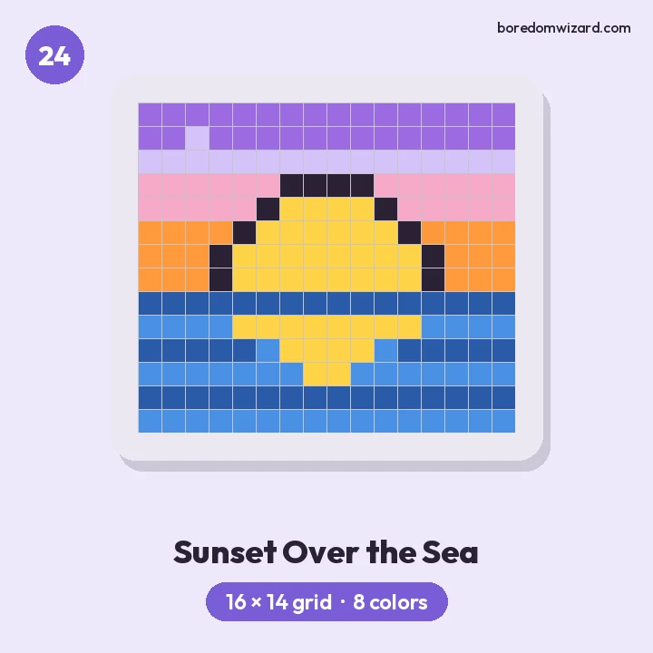 Aesthetic pixel art sunset over the sea with purple sky, pink and orange bands, a yellow sun and blue waves, 16 by 14 grid