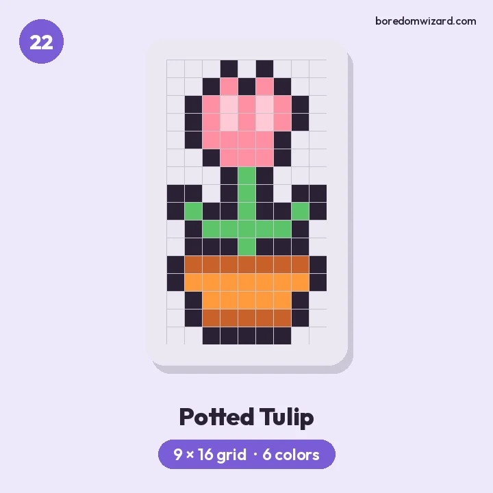 Aesthetic pixel art pink tulip in an orange terracotta pot with green leaves on a 9 by 16 grid