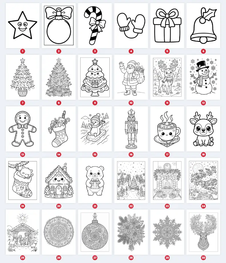 Preview grid of all 30 free Christmas coloring pages 2026, from simple toddler shapes to detailed adult mandalas
