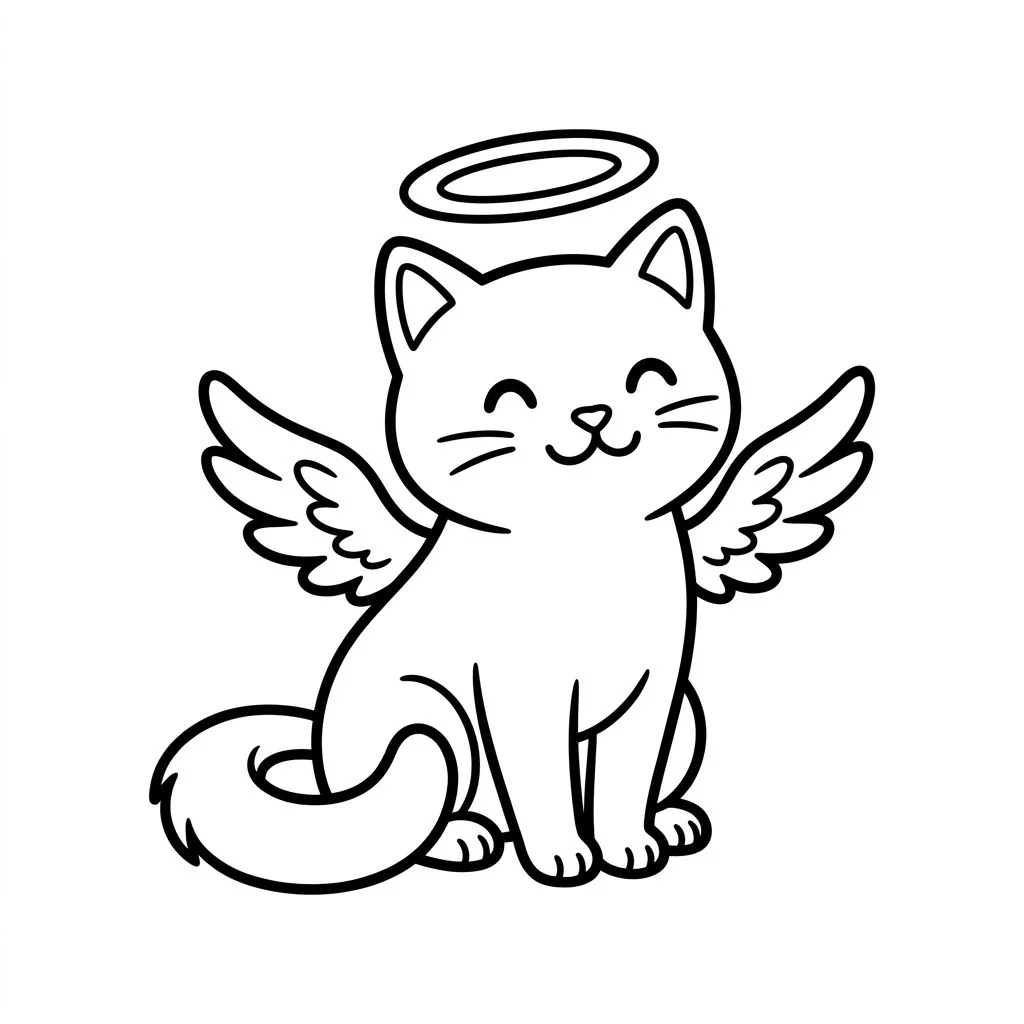 Cute cartoon cat angel drawing with a halo above its ears and small feathered wings