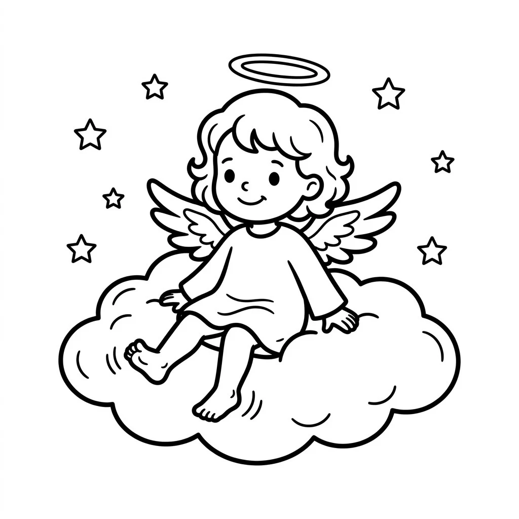 Simple angel drawing of a little angel sitting on a fluffy cloud with stars around