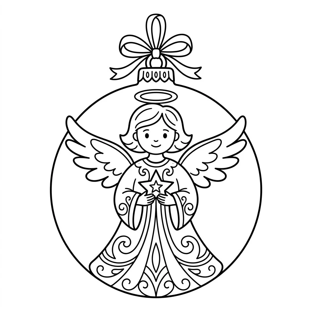 Round Christmas ornament drawing shaped like an angel holding a star