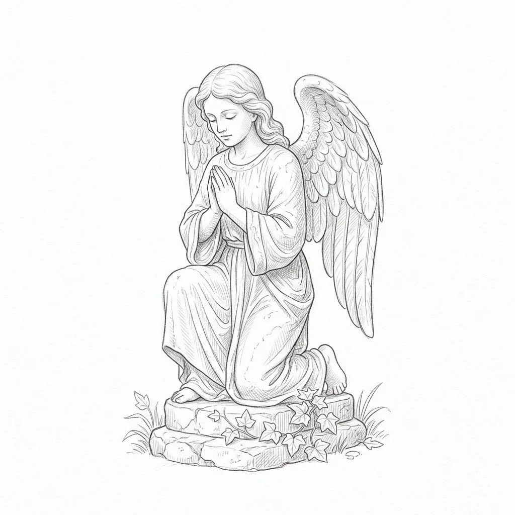Pencil sketch of a stone garden angel statue kneeling with folded wings