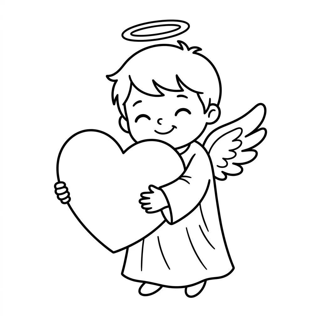 Cute angel drawing hugging a big heart, with a halo and small wings