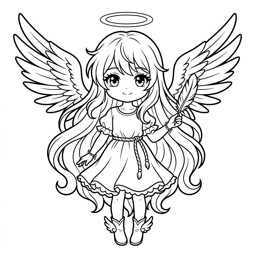Anime angel drawing of a girl with big eyes, long hair, a halo and large wings