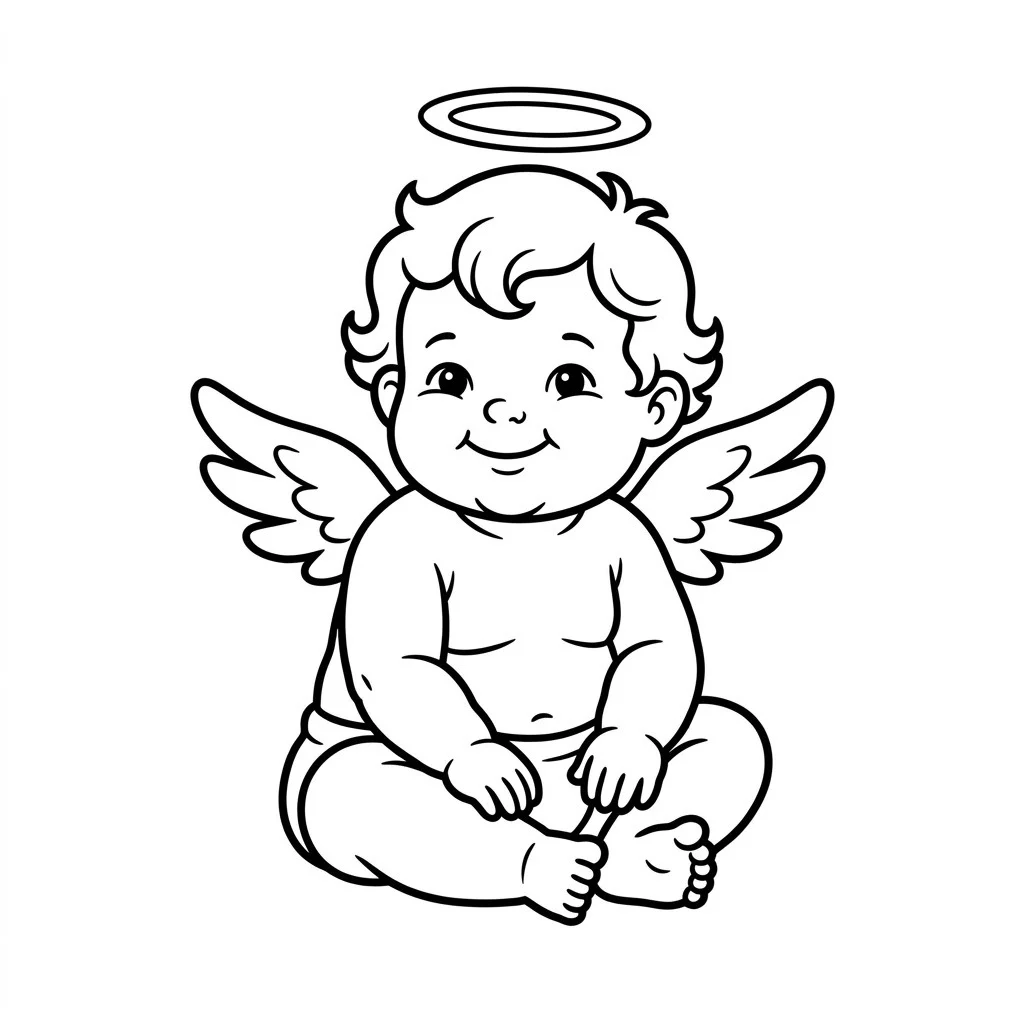 Simple drawing of a chubby baby cherub angel with curly hair, tiny wings and a halo
