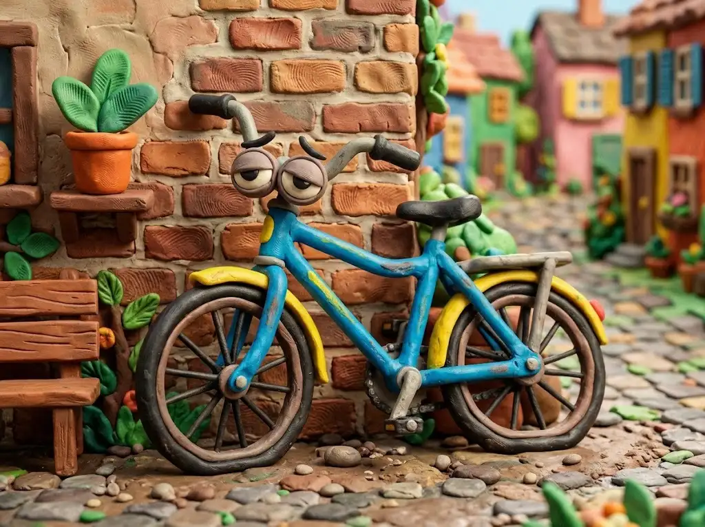 Sleepy claymation bicycle with droopy tires leaning on a wall illustrating the two tired corny joke