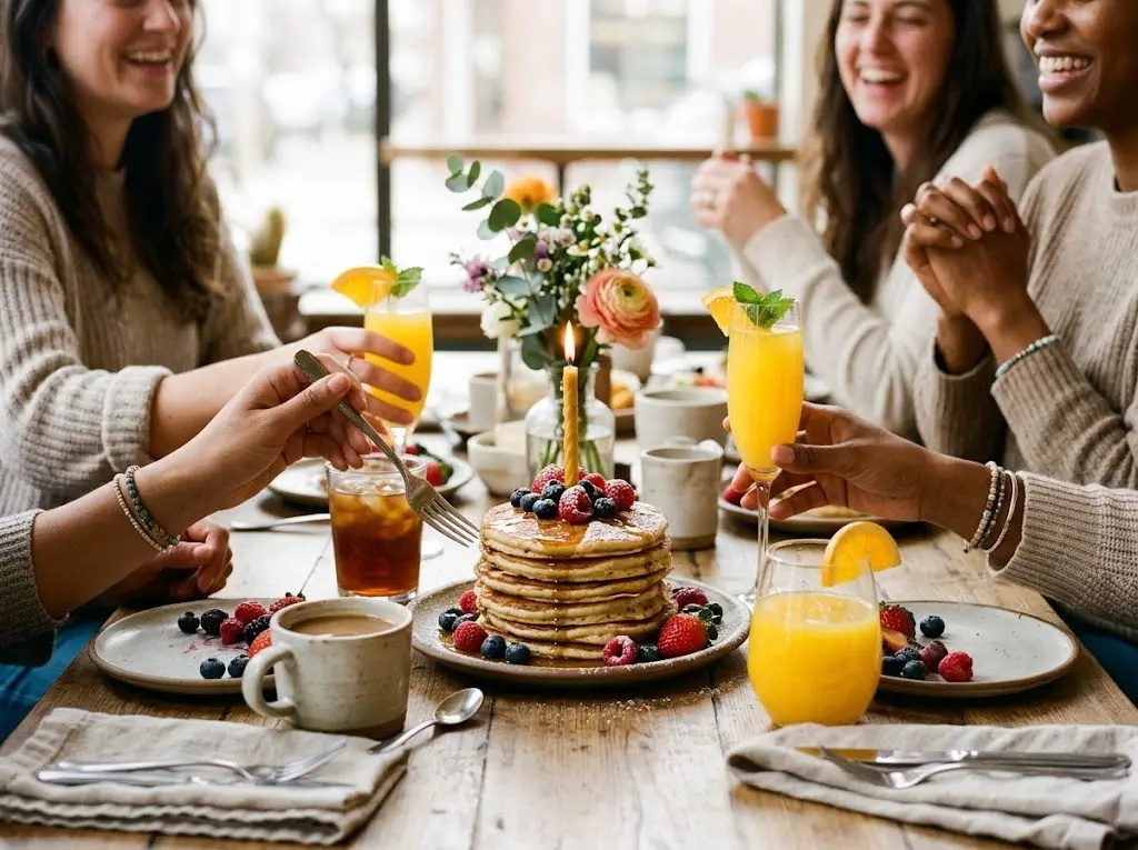 Birthday brunch table with a pancake stack topped with a lit birthday candle and friends reaching in